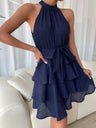 Halter Sleeveless Ruffle Black Mini&Short Dresses