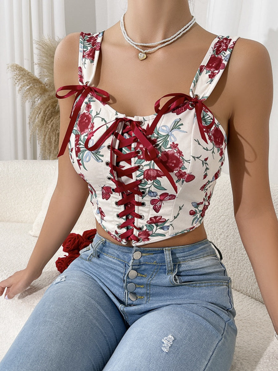 Sweet Floral Bow Lace Up Camisoles
