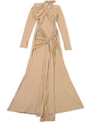 Solid Color Ribbon Long-sleeved Dress With Hip-lifting Sexy Slim-fitting Maxi Dress For Women