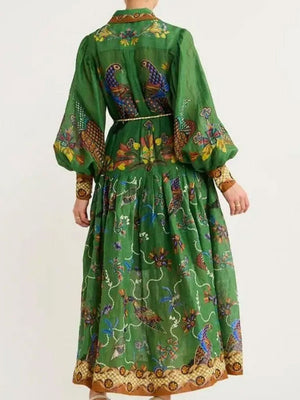 Retro Printed Lantern Sleeves Waist Long Sleeves Maxi Dresses