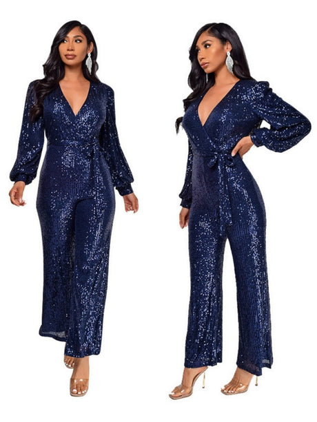 Deep V Long Sleeve Belt Sequins Jumpsuit