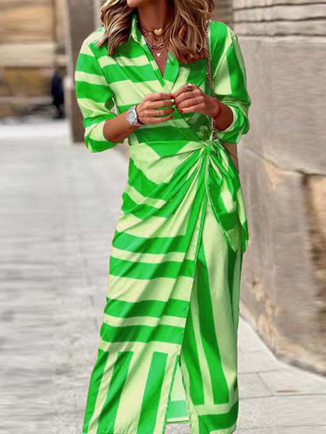 Wrap-up Shirt Collar Lace Up Printed Maxi Dresses