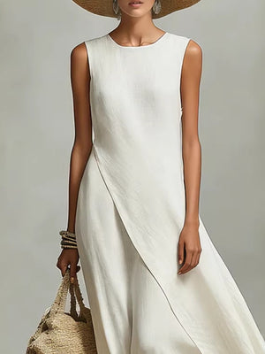 Sleeveless Asymmetrical Hem Cotton-linen Blend Long Dress
