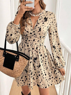 Ruffle Geometric Print Long Sleeve Mini&Short Dresses