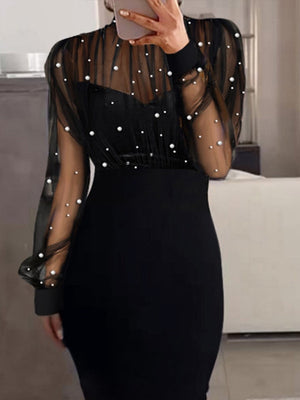 Black Knitting Gauze Lace-trimmed Bodycon Top Midi Dresses