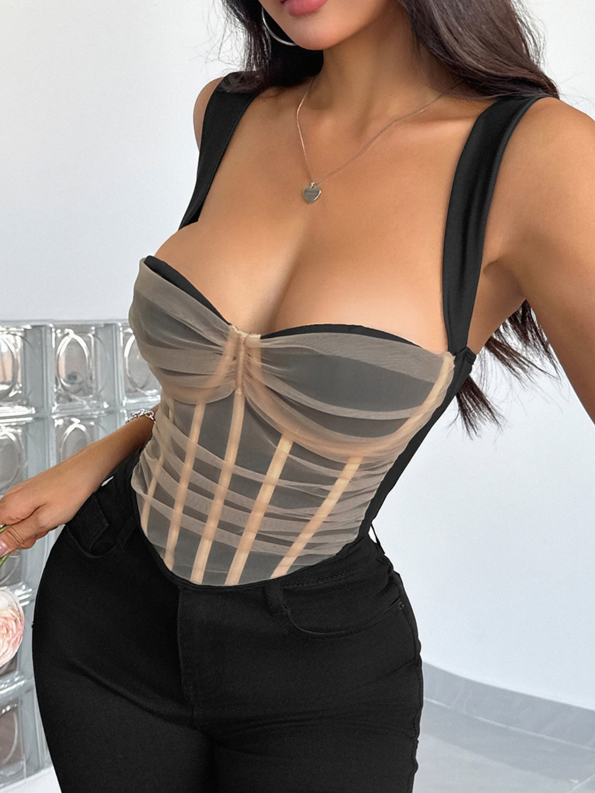 Mesh See-through Color Blocking Cotton Breast Bone Bra