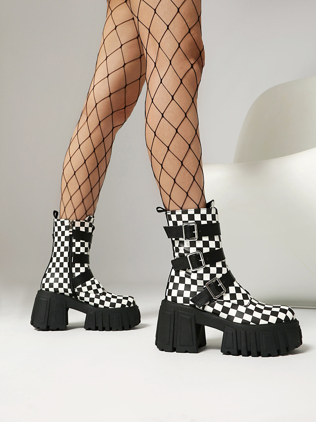 Plaid Denim Biker Punk Ankle Boots