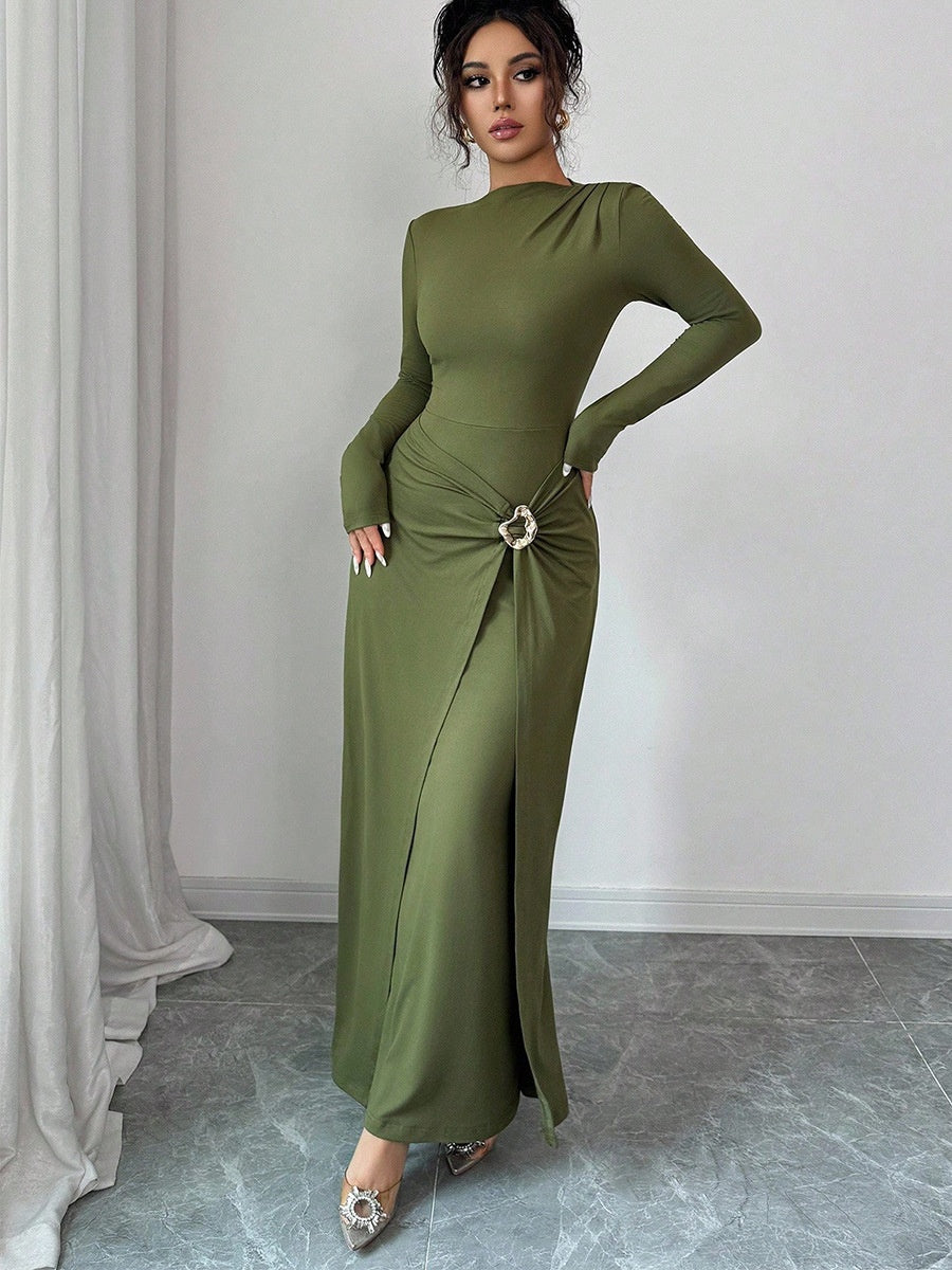 Green Metal Decoration Long Sleeve Hip Knitting Stretch Maxi Dresses