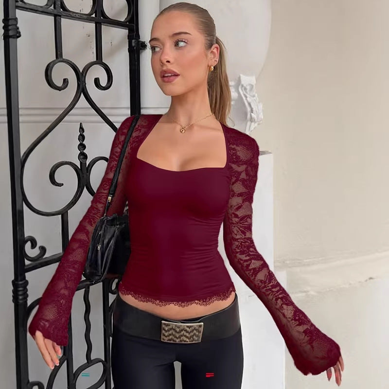 Lace Patchwork Hollow Design Long-sleeved Waist-cinching Top