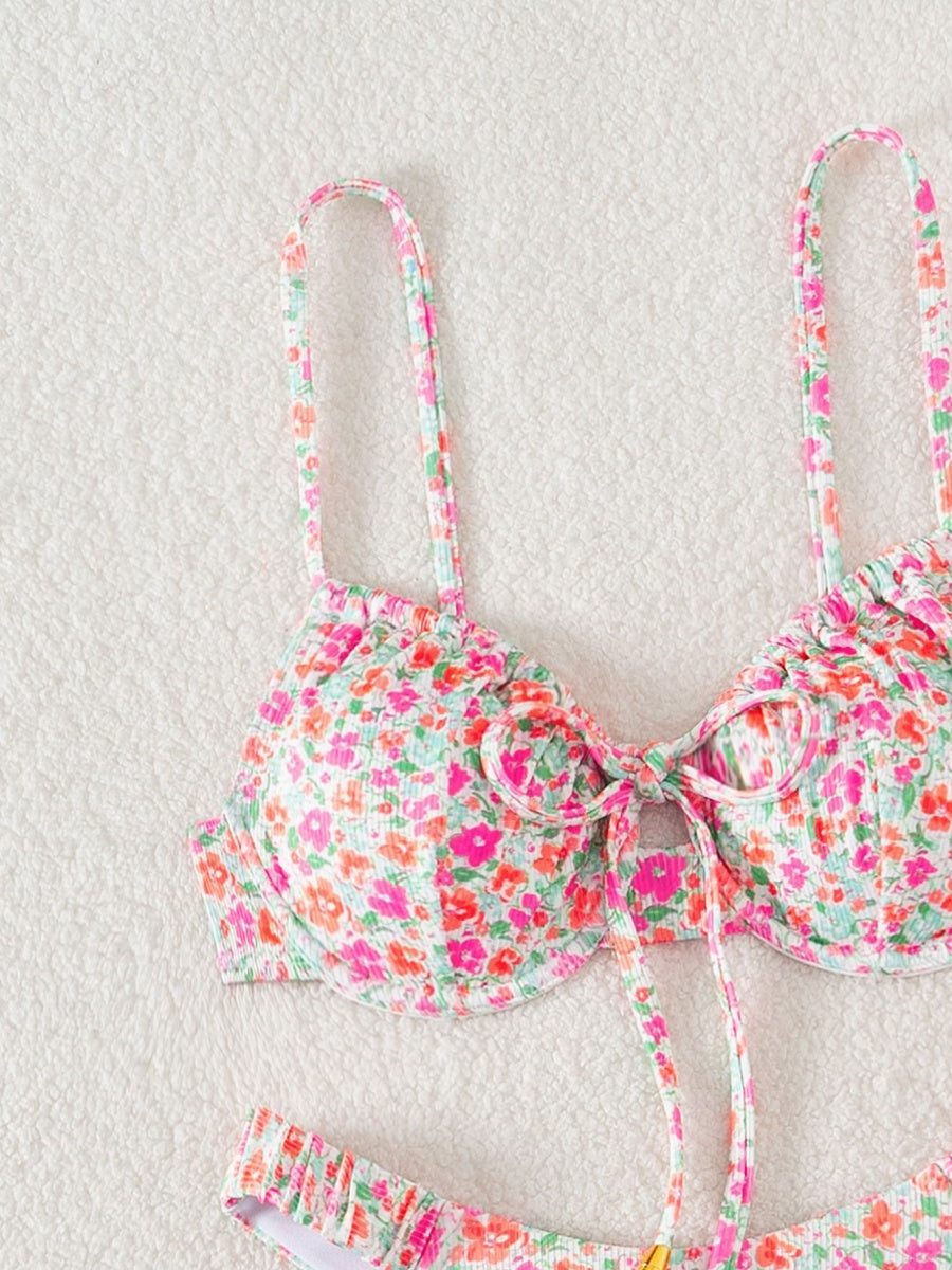 Small Ribbed Floral Print Underwire Bikini