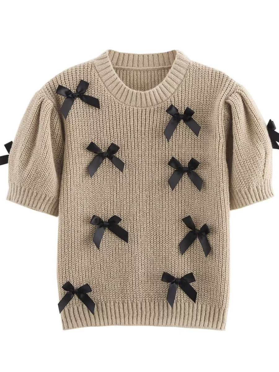Lace up 3D Bow Short sleeve Knitting Sweaters