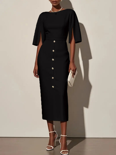 Solid Color Round Neck Fitted Waist Split Button-decorated Midi Dress