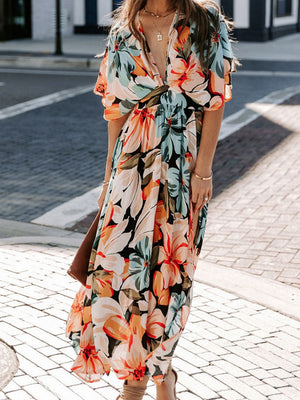 V-neck Short-sleeved Floral Print High-slit Long Dress