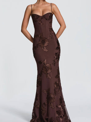3D Embroidered Backless Cross-Strap Spaghetti Strap Long Dress