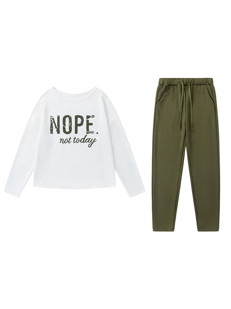 Off-the-shoulder Letter Print Pocket Casual Long-sleeved Shirt Sweatshirts&Hoodies 2-piece Sets