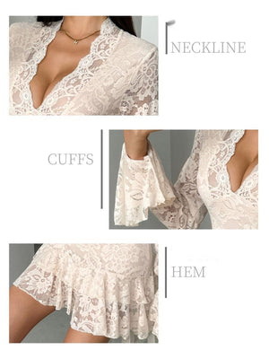 Robes courtes et mini en dentelle à col en V et volants
