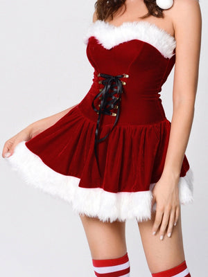Christmas Red Plush Dress And Denim Hat 2-piece Sets