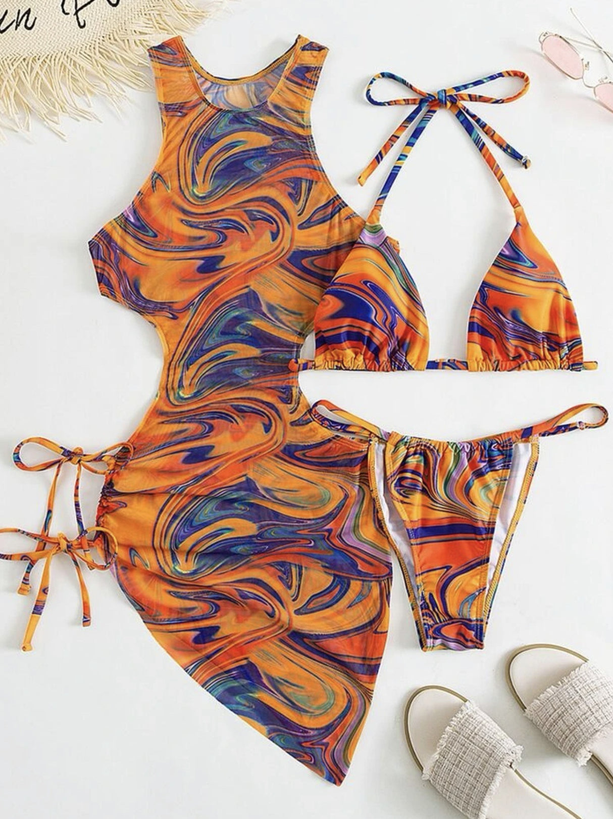Hollow-out Drawstring Swimsuit Bikini Beach Cover-up Three-piece Set