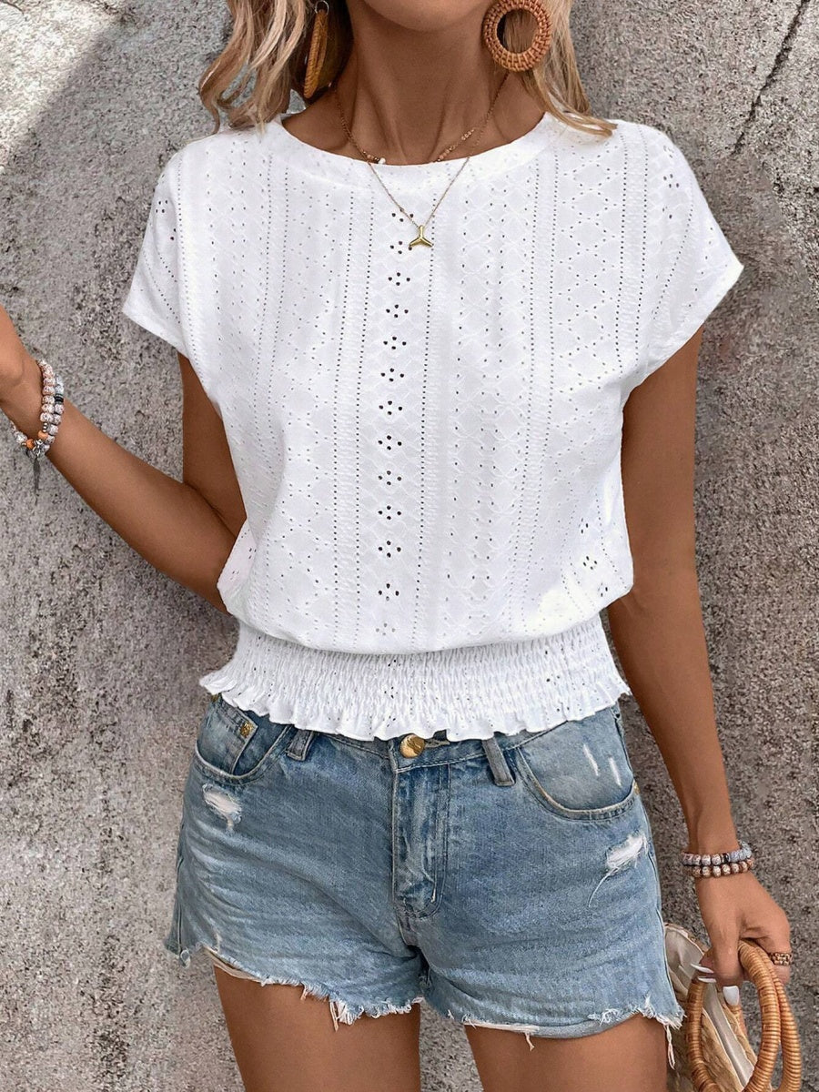 Round Neck Jacquard Hollowed-out Ruffled Short-sleeved T-shirt
