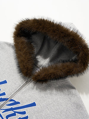 Hooded Embroidery Plush Collar Boxy Short Coat