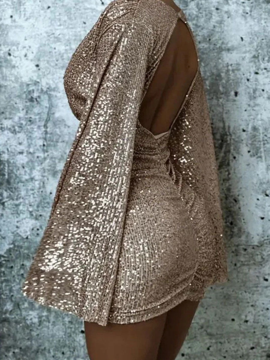 V-neck Hip-hugging Irregular Sequins Cloak Parties Mini&Short Dresses