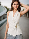 Satin V-neck Lace Up Sleeveless Shirts Tank Tops