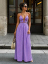 Stripes Backless V-neck Sleeveless Maxi Dresses
