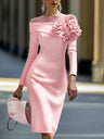 Round Neck, Solid Color, Slim Fit, Mid-length Dress With Side 3D Floral Embellishments
