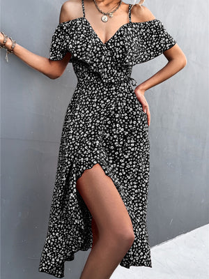 Off-the-shoulder Floral Print Sundress With Ruffles, Midi Length