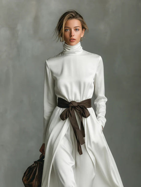 High-neck Long-sleeved Dress With Contrasting Belt