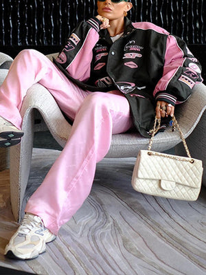 Pink Pink Casual Long-Sleeve With Letter Print Jackets