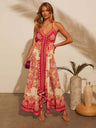 Ethnic-style Printed Off-shoulder V-neck Spaghetti Strap Long Dress