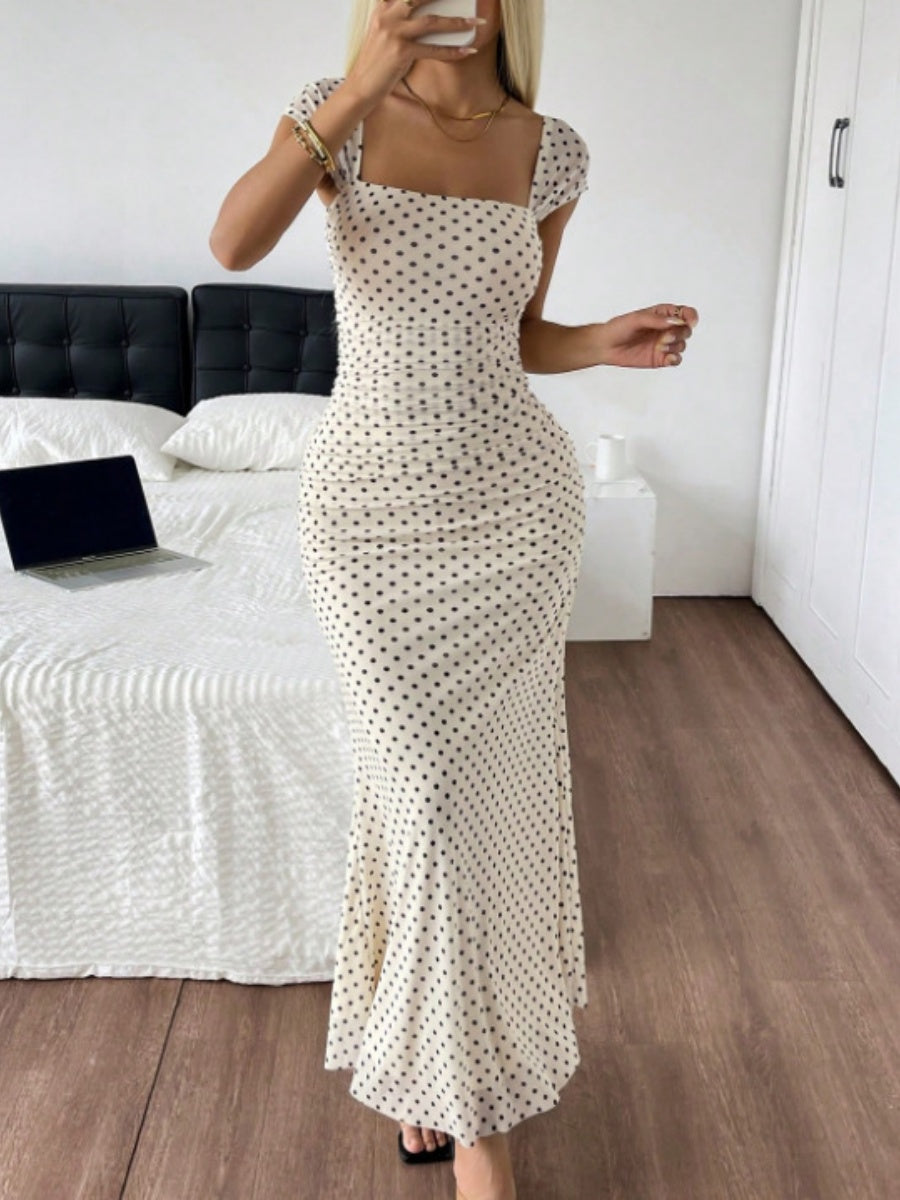 Polka Dot Ruched Mesh Fishtail Maxi Dress