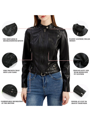 Studs Long Sleeve Stand Collar PU Leather Jackets