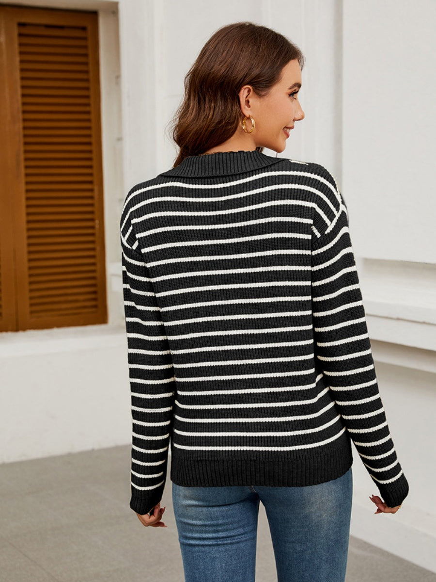 Liber Autumn Women's V-neck Contrasting colors Stripes Jacket Woolen