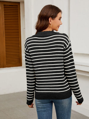 Liber Autumn Women's V-neck Contrasting colors Stripes Jacket Woolen