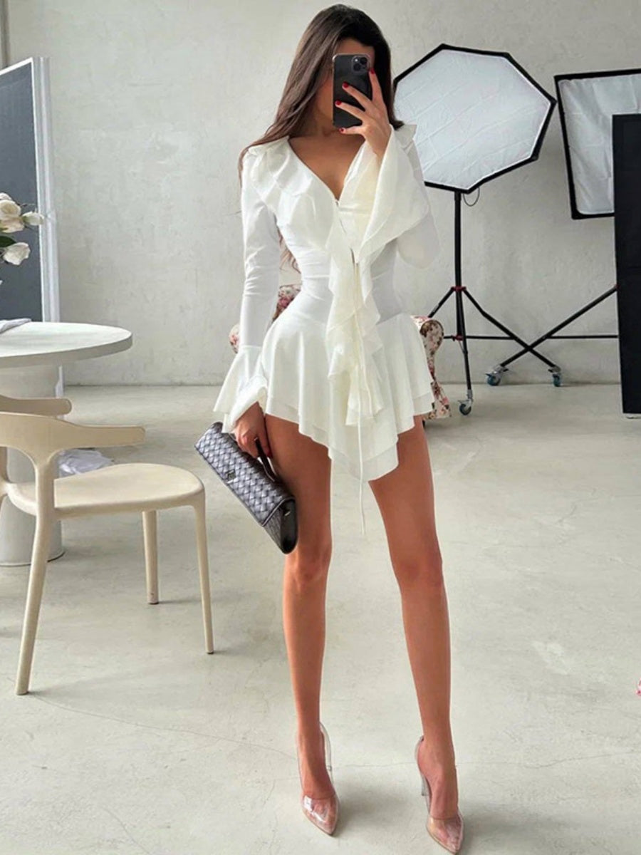 Ruffle Hip-hugging Flared Sleeves Mini&Short Dresses