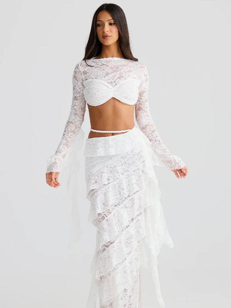 Lace Round Neck Long-sleeved Bell Sleeve Top And Layered Ribbon Skirt Two-piece Set