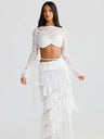 Lace Round Neck Long-sleeved Bell Sleeve Top And Layered Ribbon Skirt Two-piece Set