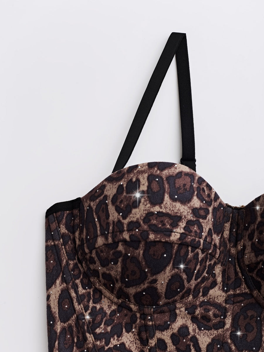 Rhinestone-studded Body Shaping Fish Bones Leopard Print Camisoles