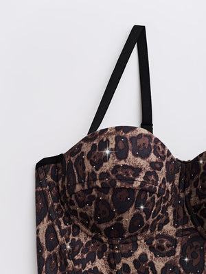 Rhinestone-studded Body Shaping Fish Bones Leopard Print Camisoles