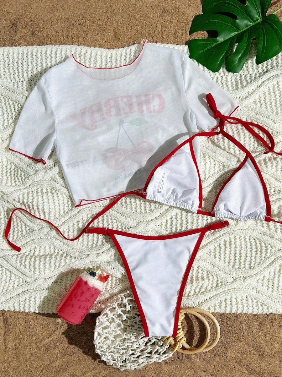Cherry Print Lace-Up Bikini Three-Piece Set