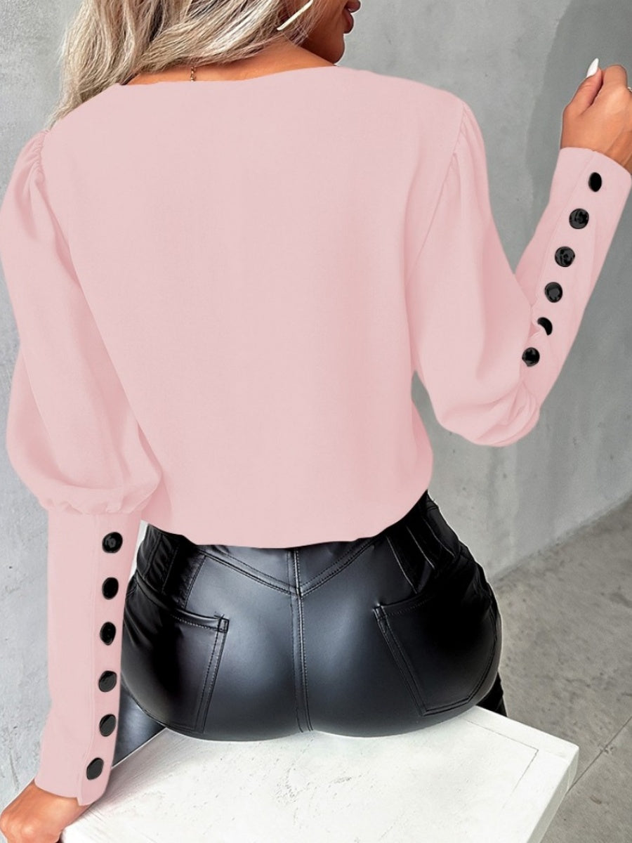 【EXPÉDITION NORMALE】Chemise femme à col V, manches longues, couleur unie, boutonnée