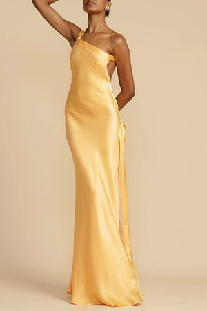 Zippered Single Shoulder Satin Maxi Dresses