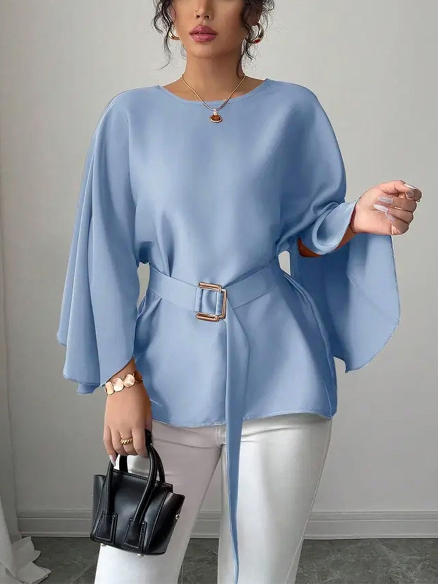 Blue Bell Sleeves With Belt Chiffon Shirt