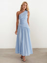 Sloping Shoulders Blue Asymmetrical Instagram Style Maxi Dresses