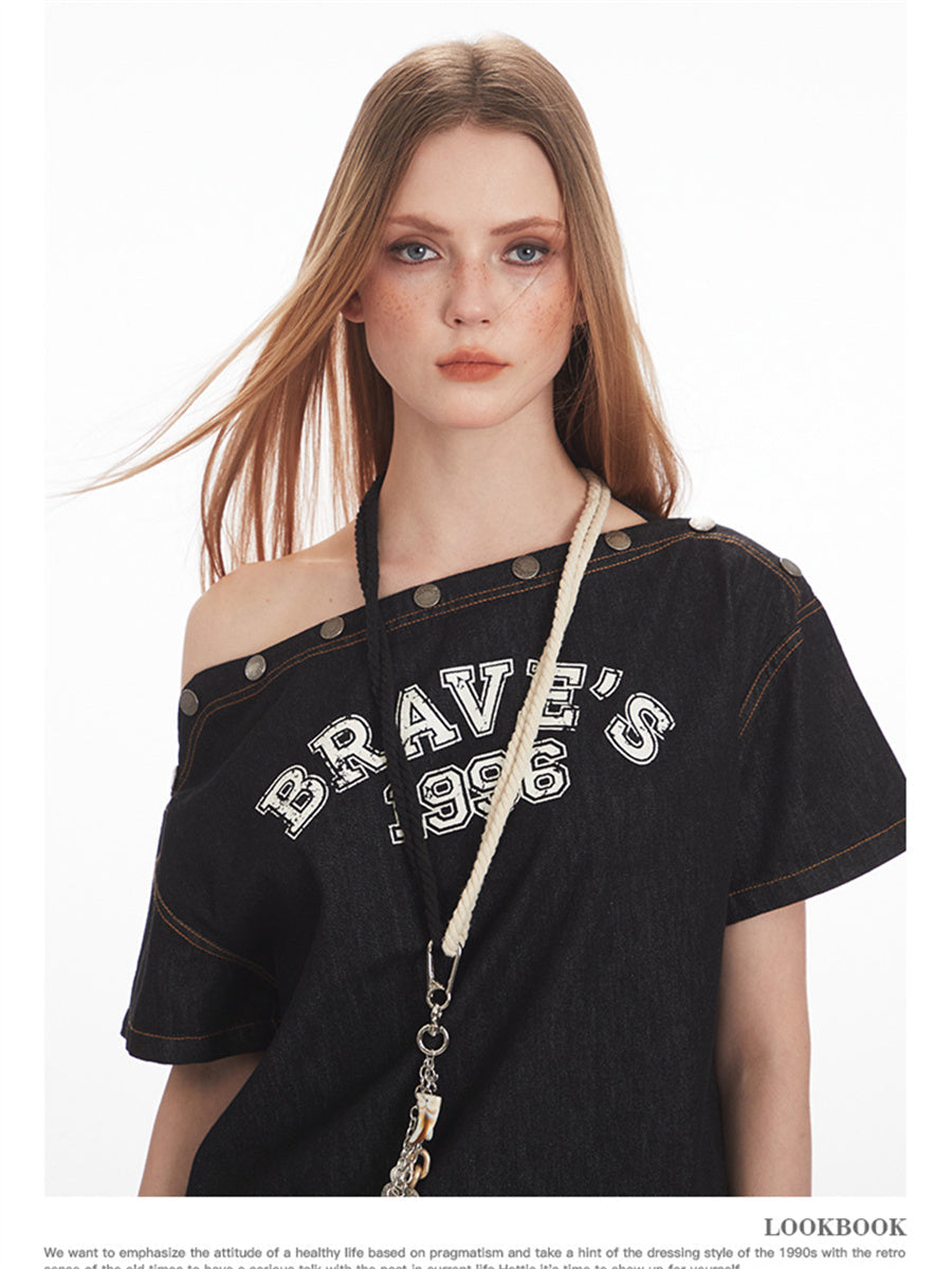 Liber Summer Women's Buttons Letters/Numbers/Words T-shirts