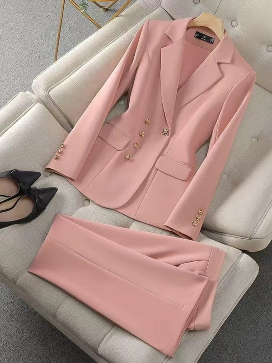 Solid Color Gold Button Decoration Blazers Trousers 2-piece Sets