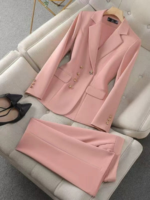 Solid Color Gold Button Decoration Blazers Trousers 2-piece Sets