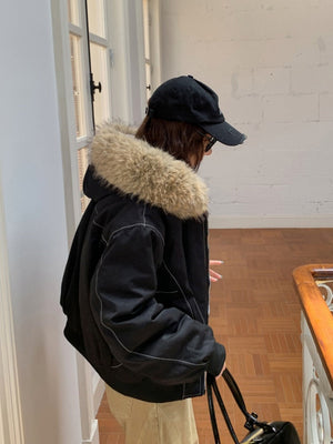 Jackets Fleece Lined With Fur Collar Hooded Loose Leisure Cotton Clothes